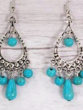 Filigree Drop Dangle Earrings with Turquoise Beads - Jewelry